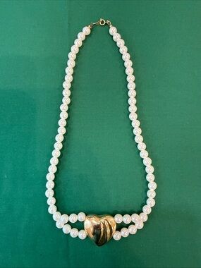 White Pearl Necklace with Gold Heart Accent